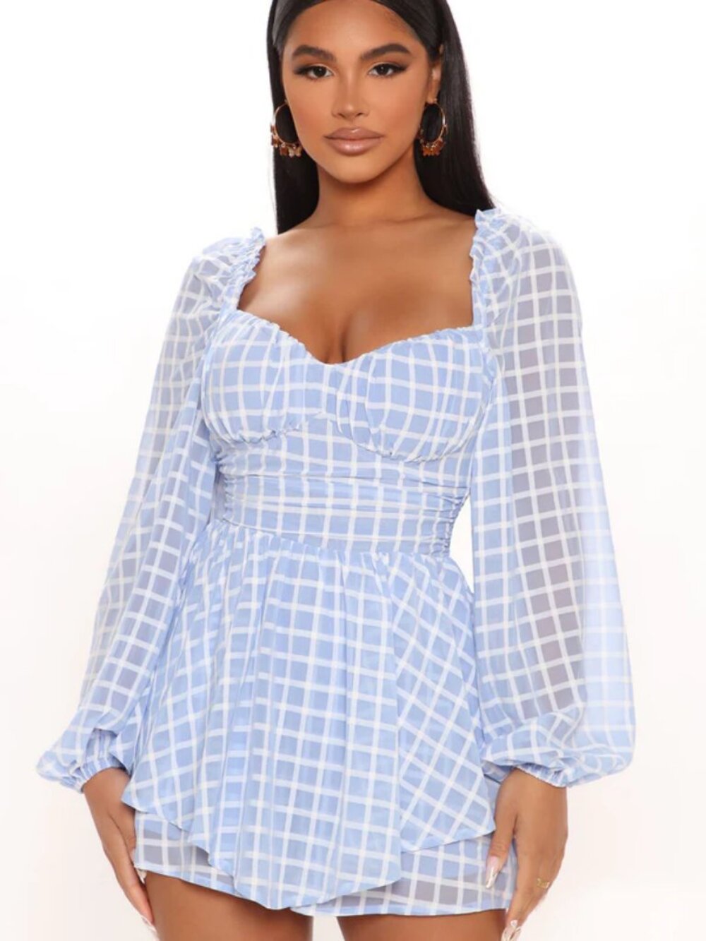 Fashion Nova Making It Official Blue Plaid Puff Sleeve Romper XL NWOT